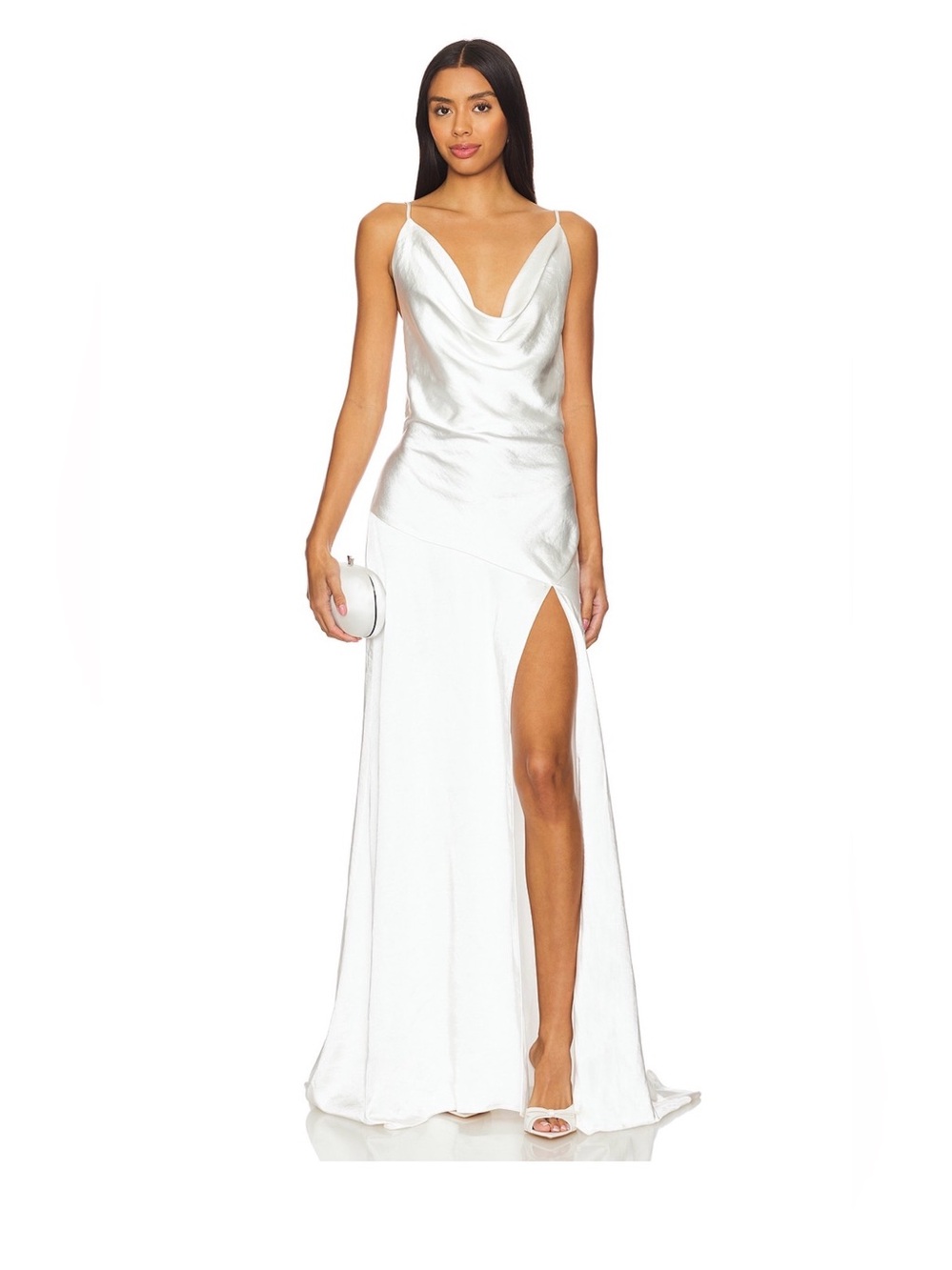 ELLIATTWhite Satin Cowl-Neck Maxi Gown with High Slit